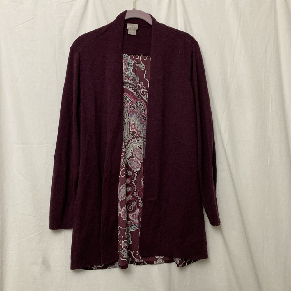 Chico's Maroon Open Front Knit Long Sleeve Cardigan w/Paisley Back - SZ 2 (L)